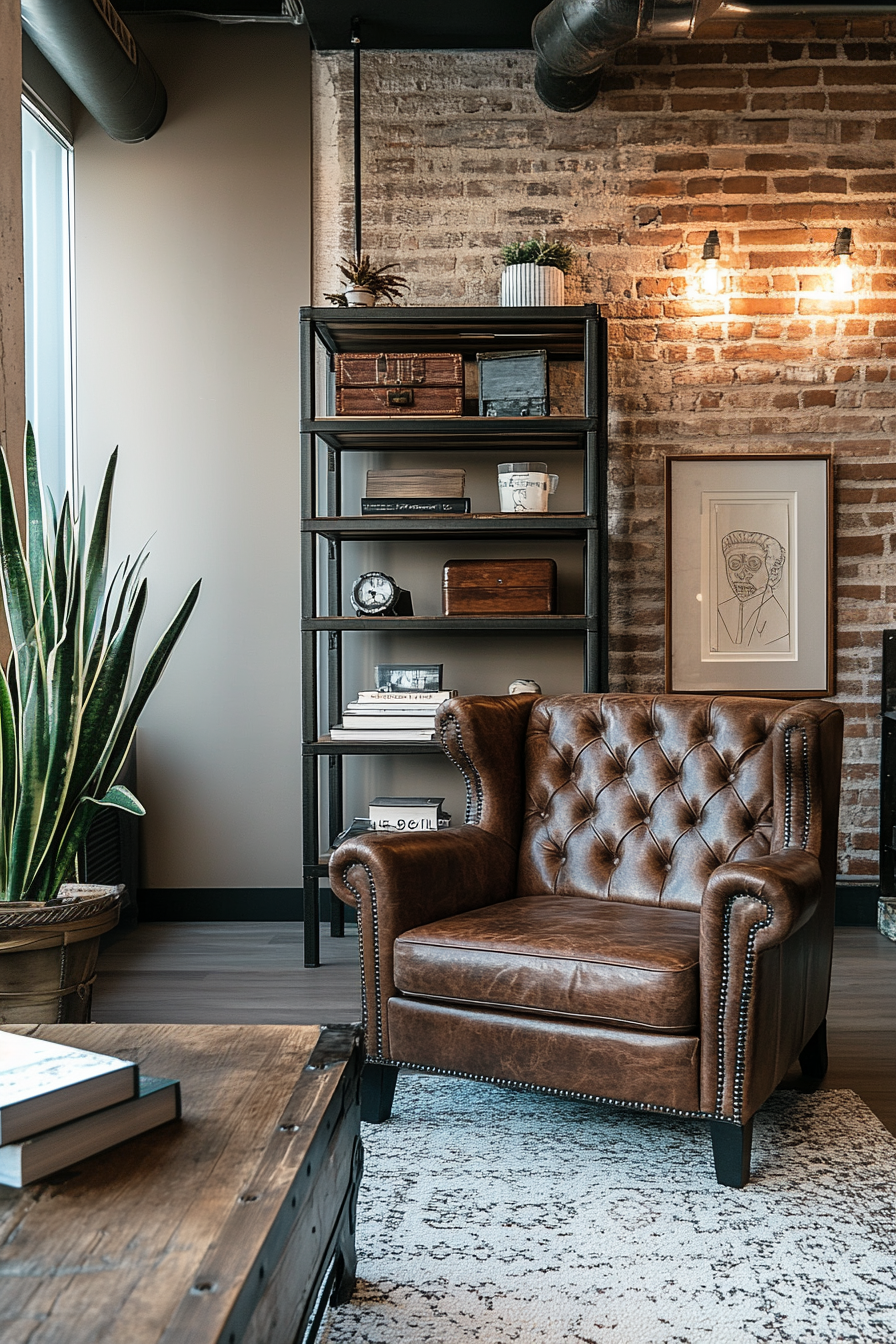 A lounge area with a leather armchair, metal shelving, and reclaimed wood table.