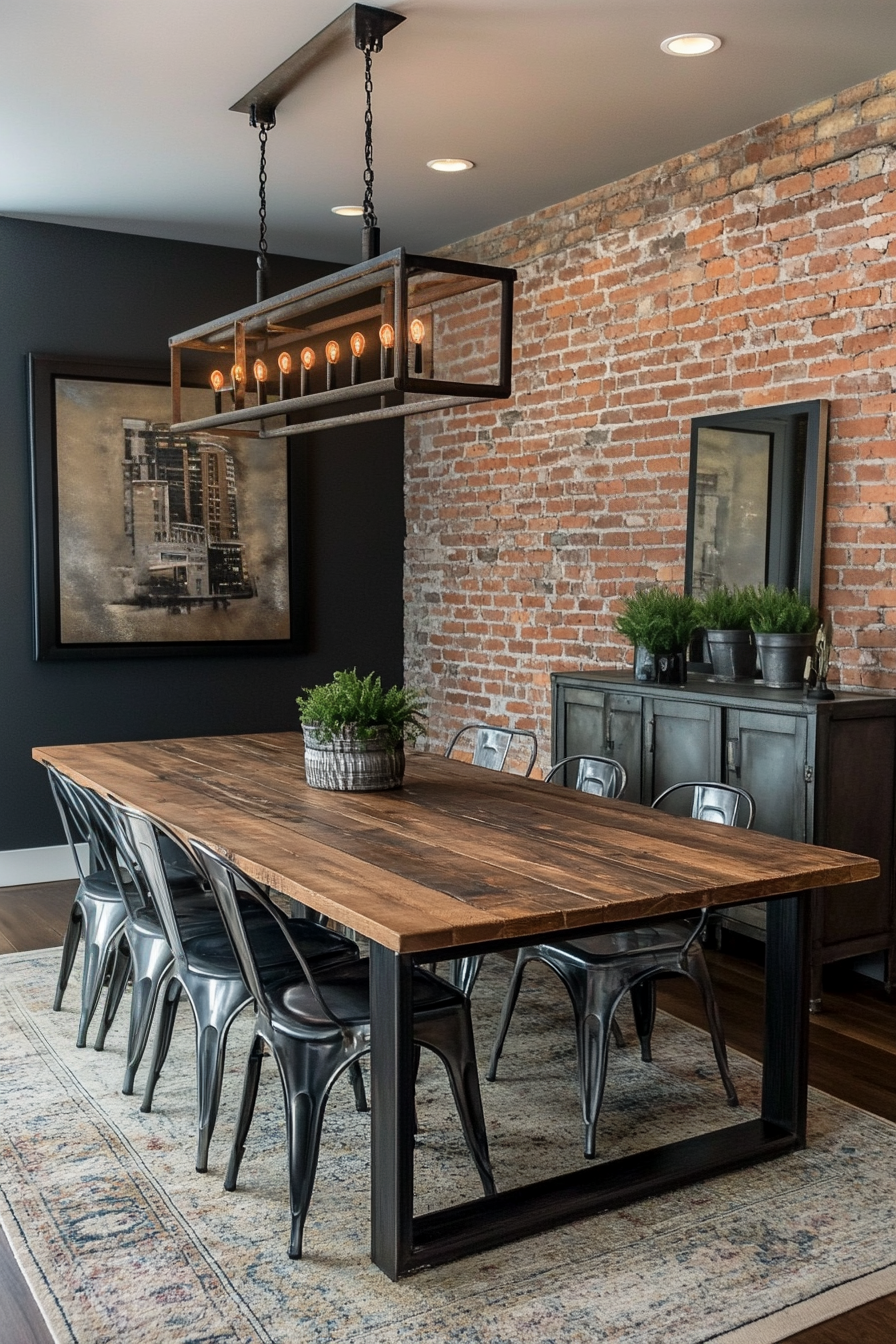 A dining room with a reclaimed wood table, metal chairs, and brick wall.