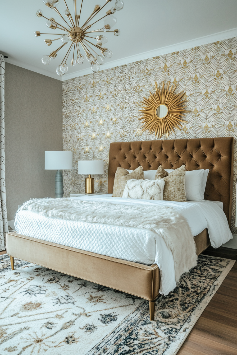 An Art Deco guest room with a velvet bed, gold accents, and geometric wallpaper.