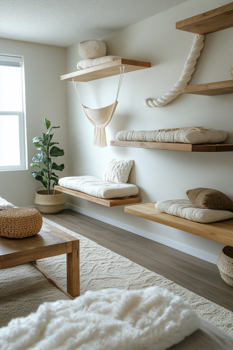Light wooden shelves with woven hammocks between them.