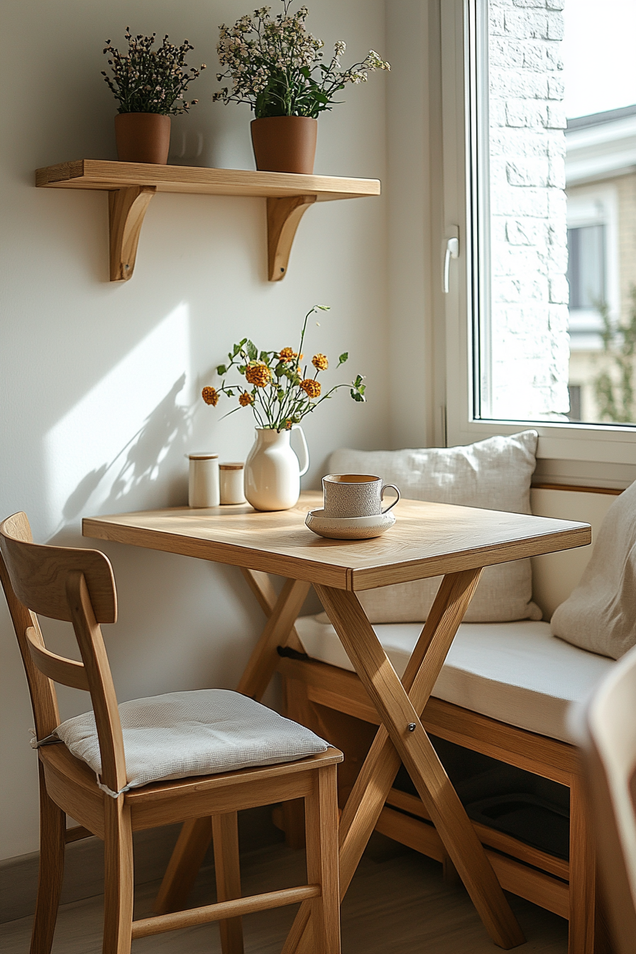 A compact breakfast nook with a foldable table and bench with storage.