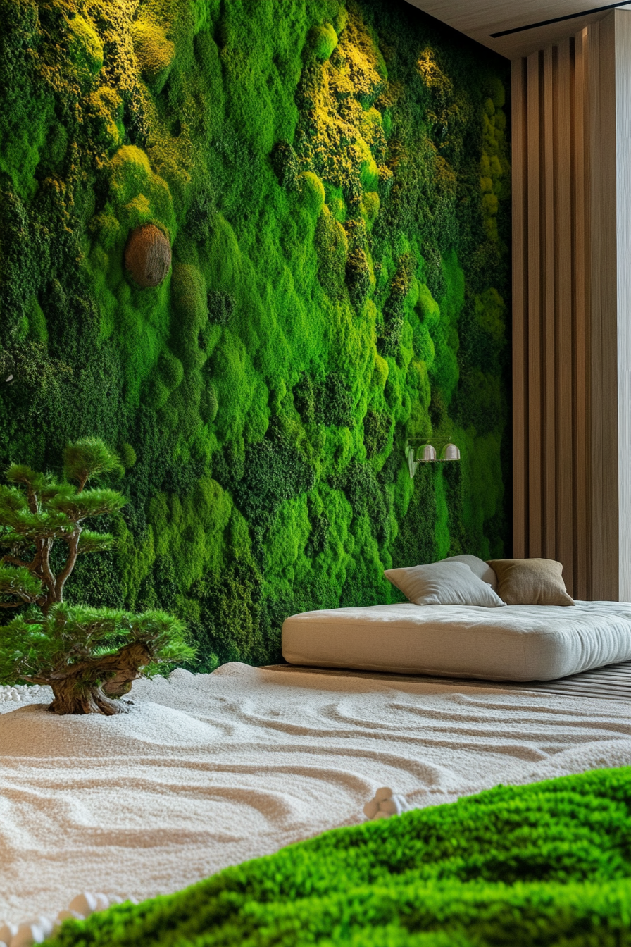 A Zen-inspired room with a lush moss wall, white sand garden, and bonsai plants.