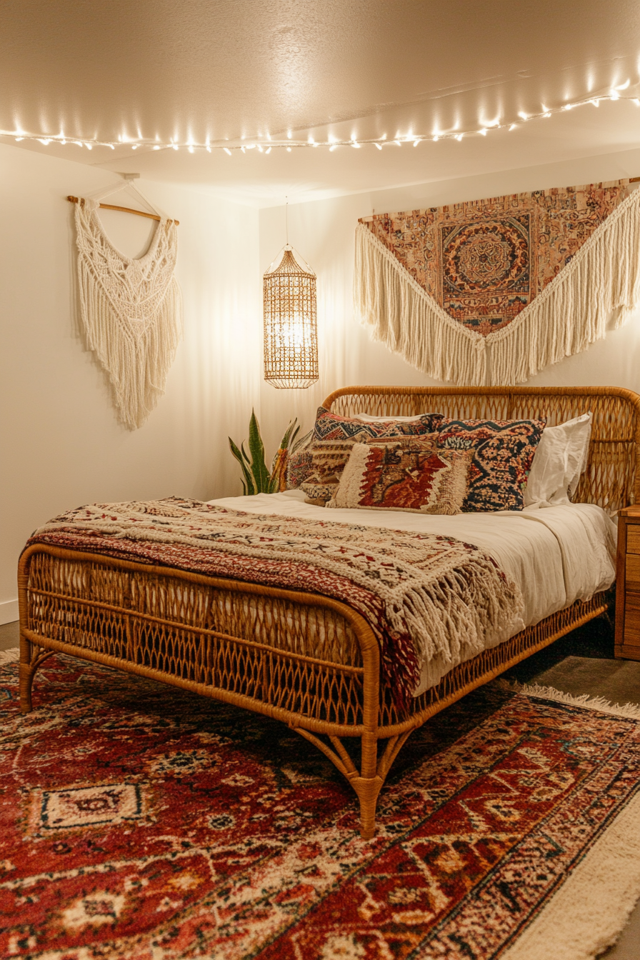 A boho-style guest room with a rattan bed, macrame decor, and patterned pillows.