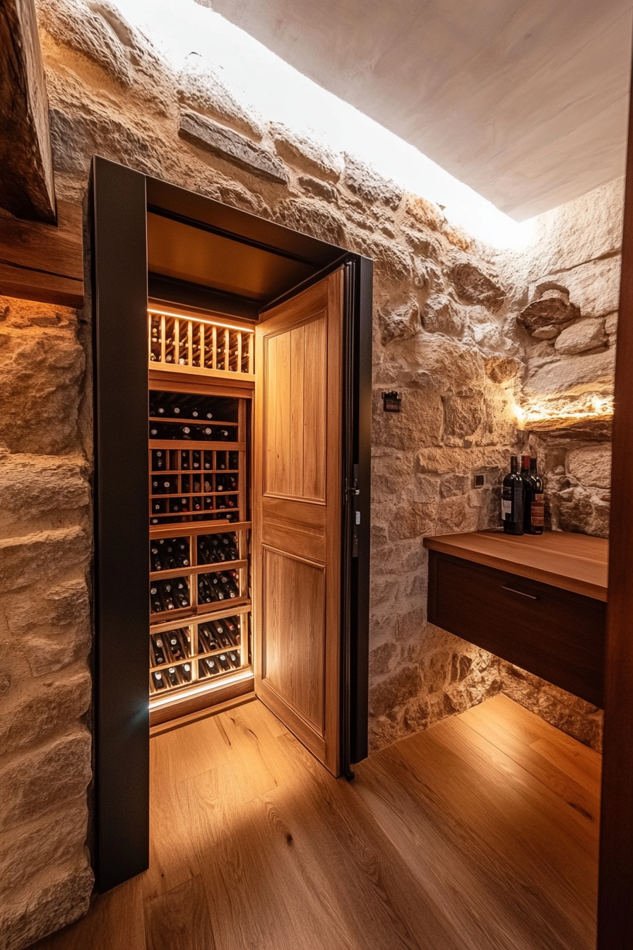 A kitchen with a hidden trap door leading to an underground wine cellar.