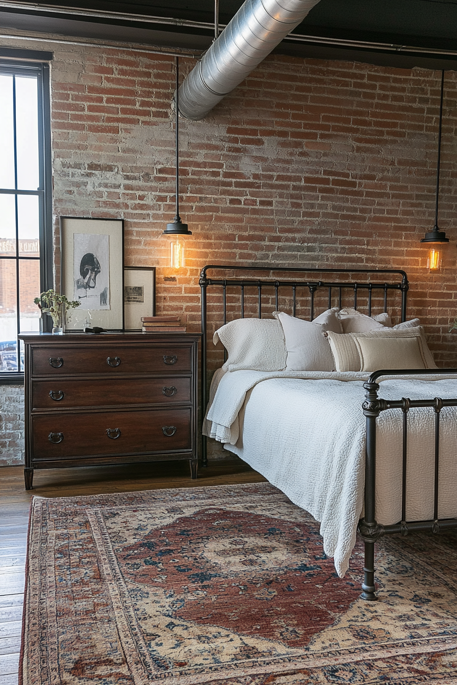 A bedroom with a wrought-iron bed, wooden dresser, and exposed brick wall.