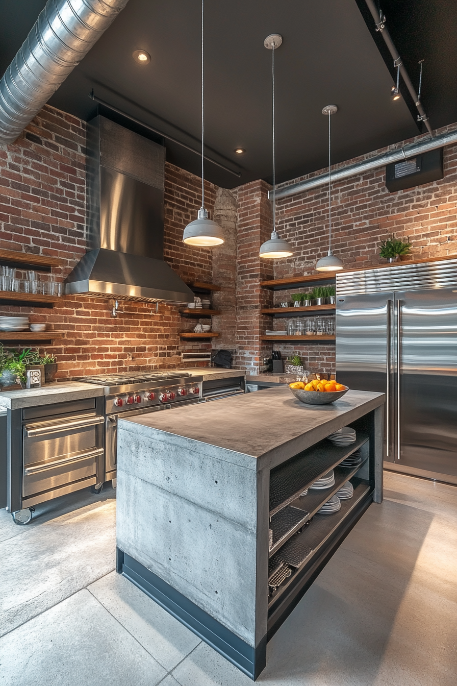 A kitchen with exposed brick, metal shelving, and a concrete island.