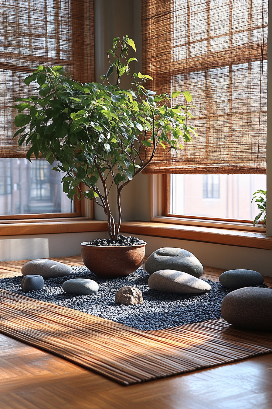 A living room corner with a Zen rock garden, raked sand, and small maple tree.