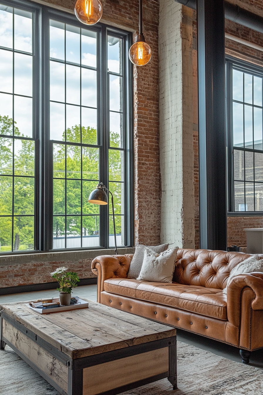 A living room with exposed brick walls, large windows, and leather sofa.