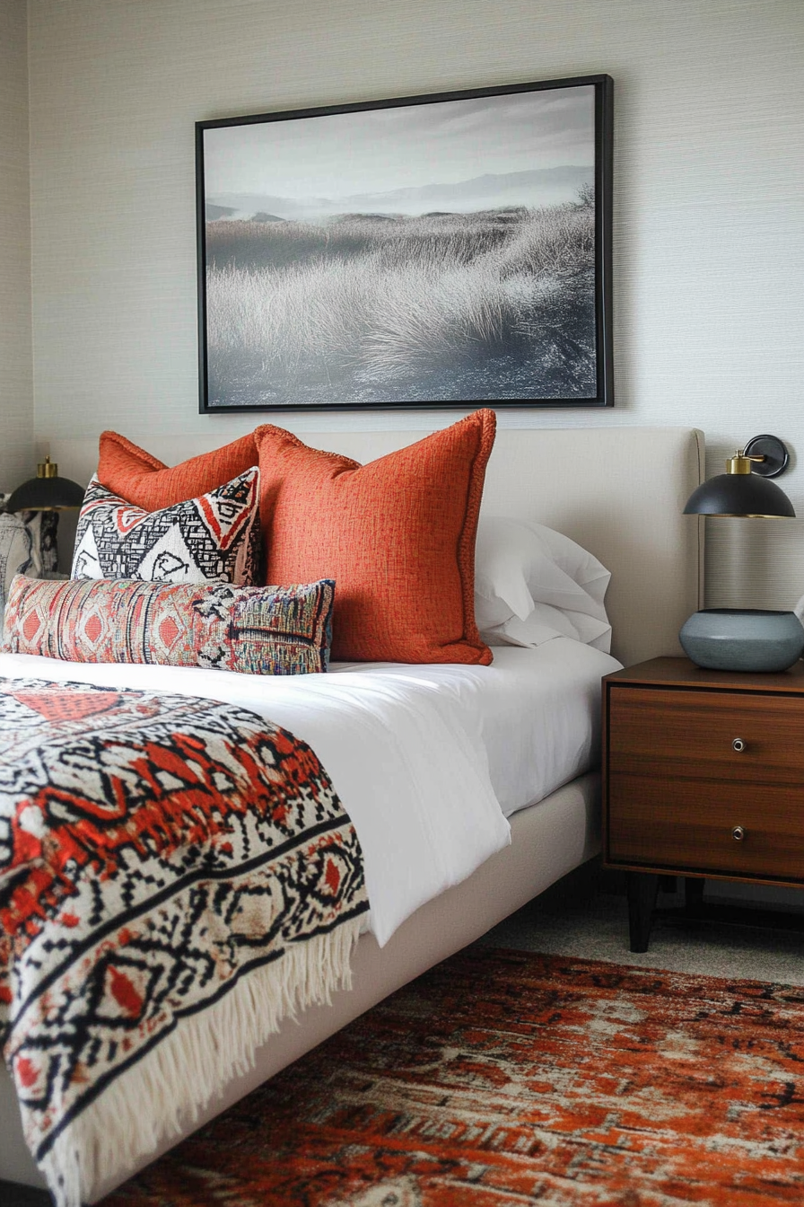 A bedroom with a low bed, tribal-inspired decor, and modern furniture.