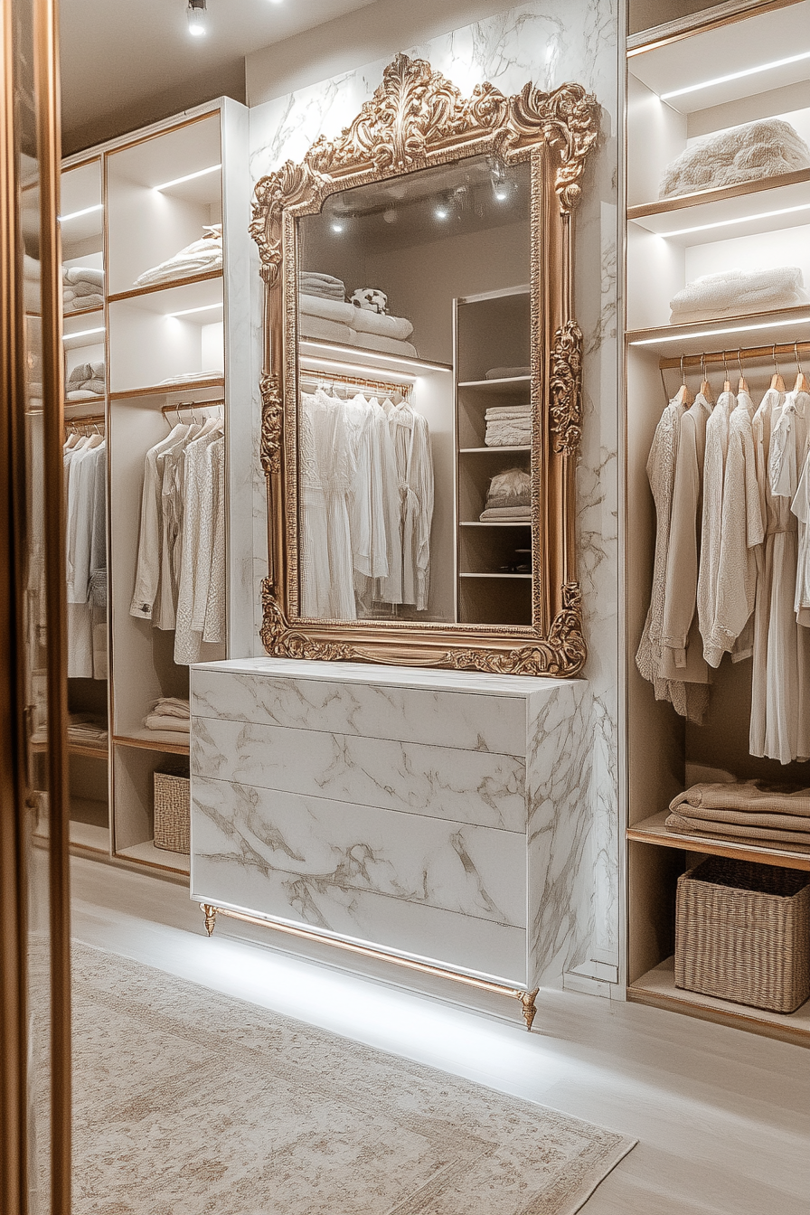 A closet with white marble shelves, a marble island, and gold detailing.
