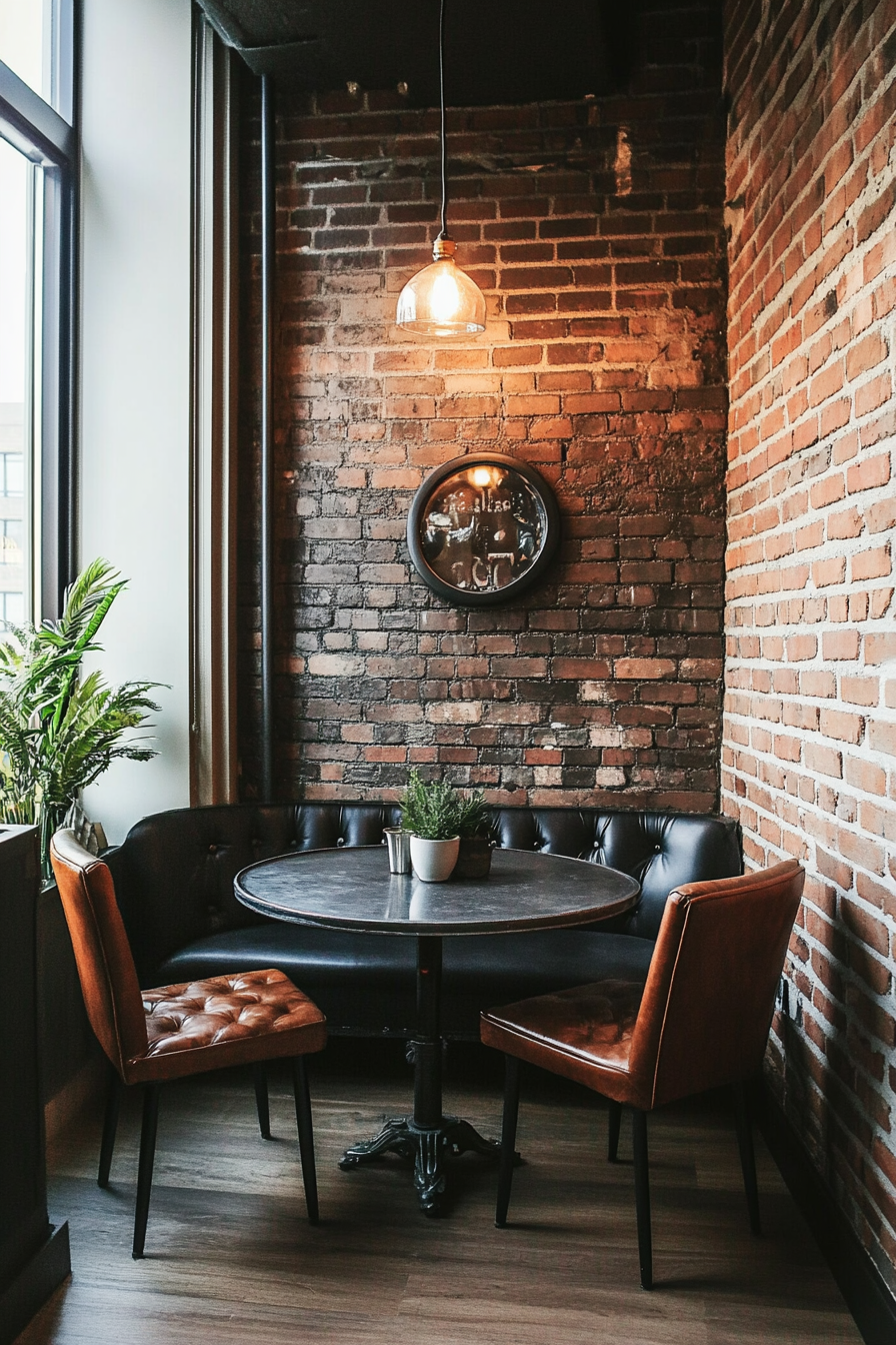 A metal table with leather chairs and exposed brick walls.