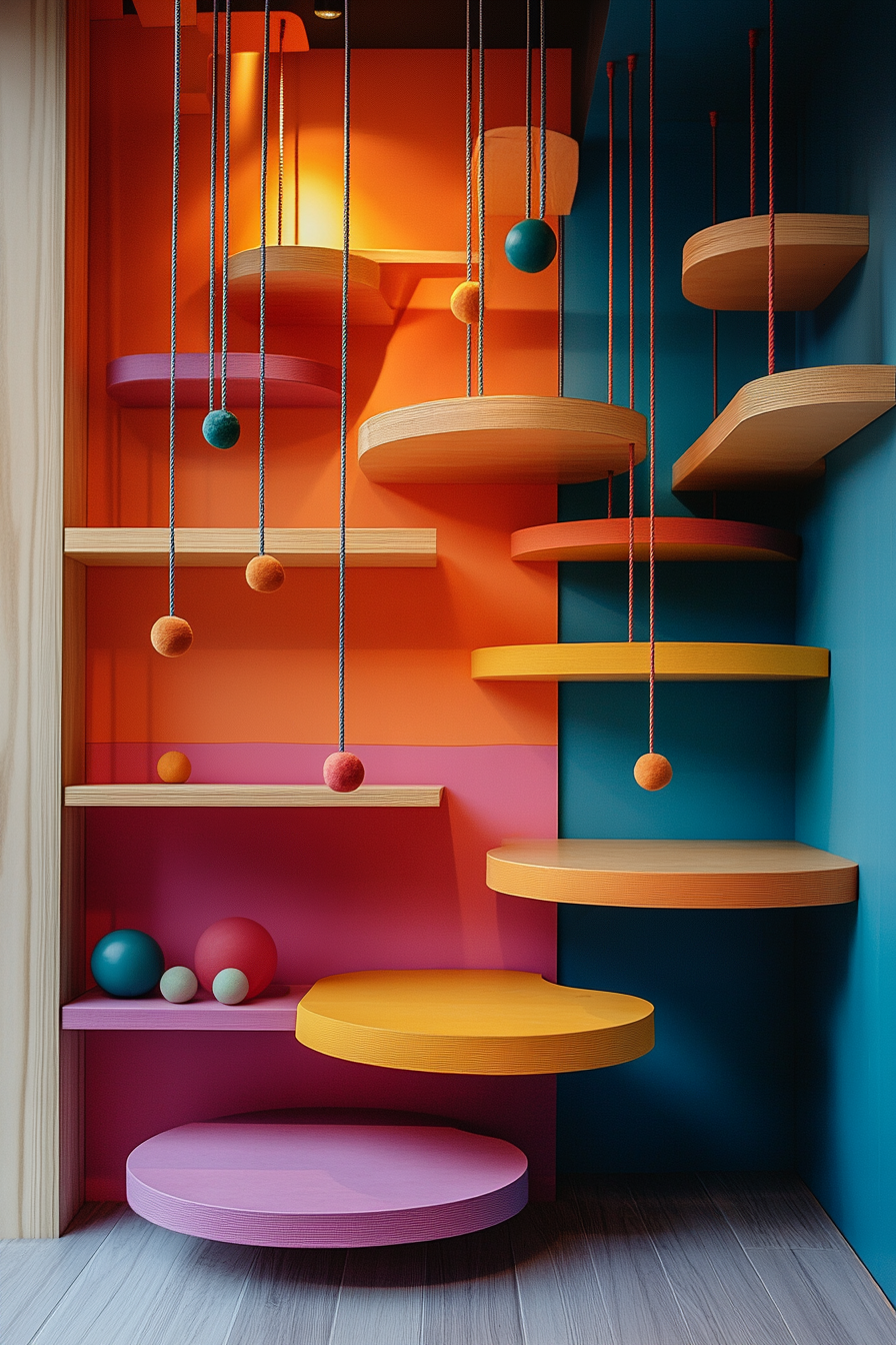 Shelves with small toys attached beneath for feline entertainment.