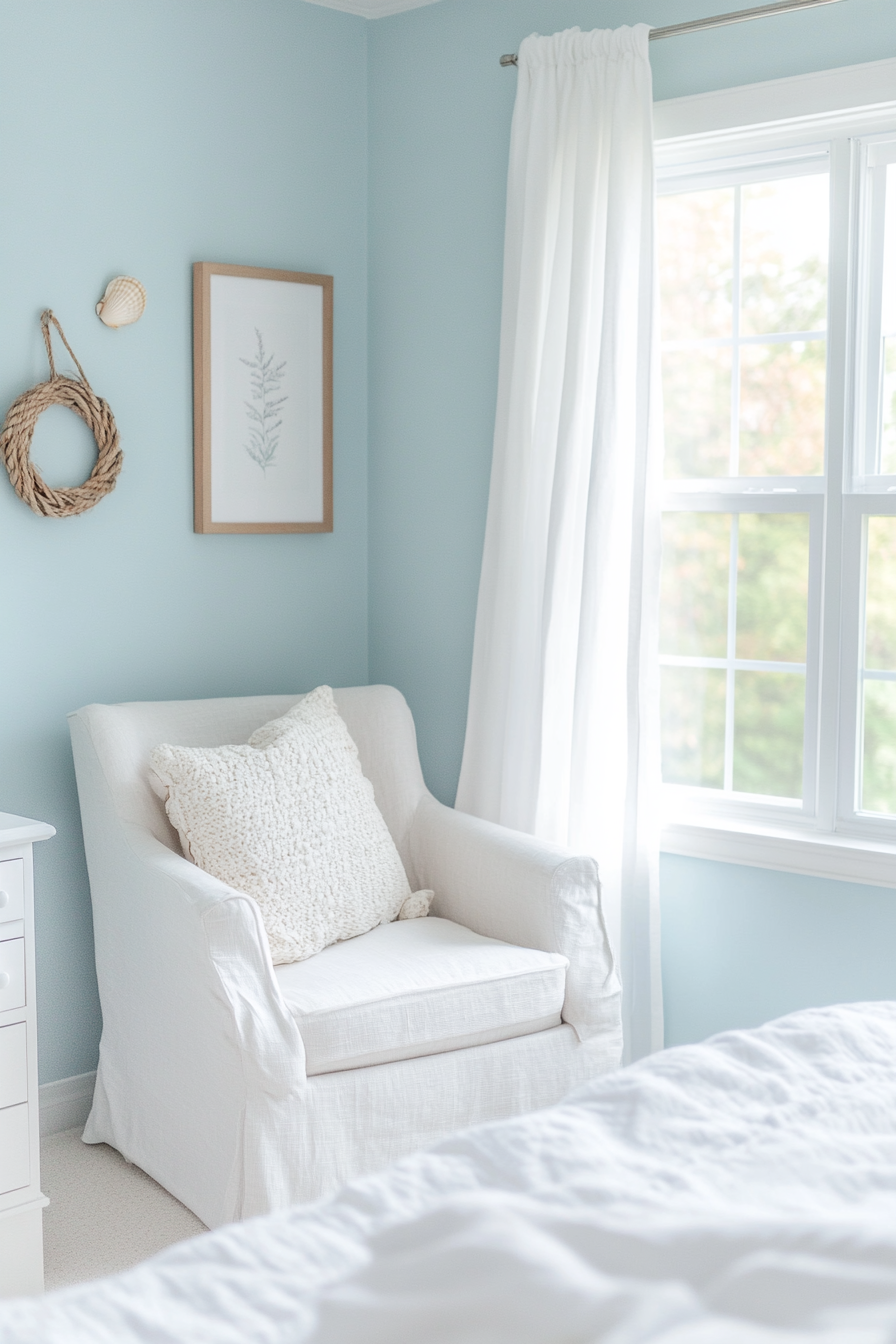 A coastal-themed guest room with light blue walls, white furniture, and nautical decor.