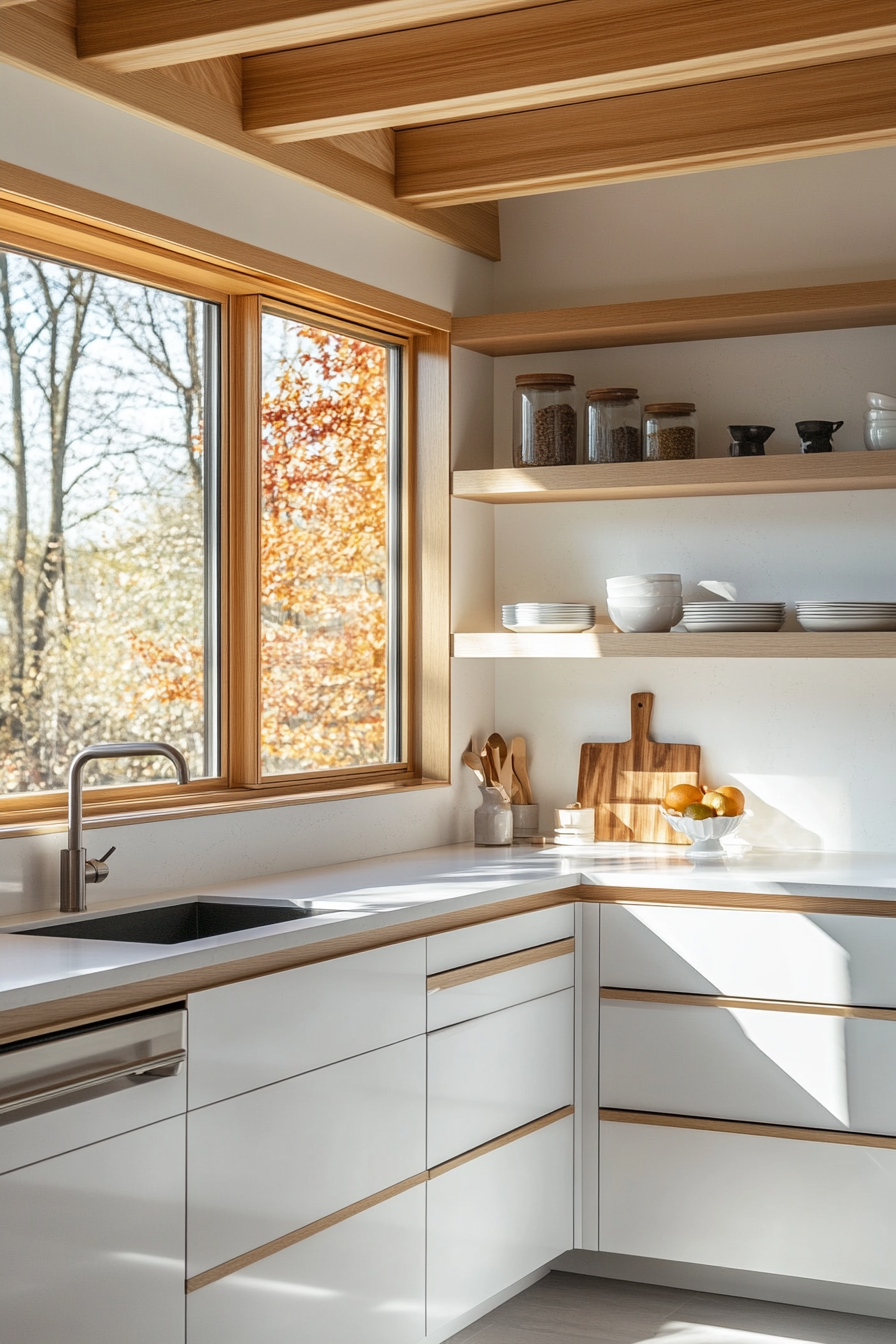 A photograph of a sleek kitchen with white cabinets and minimalist wooden accents. Smooth countertops and soft gray backsplashes enhance the modern, clean aesthetic, with open shelving featuring simple decor.