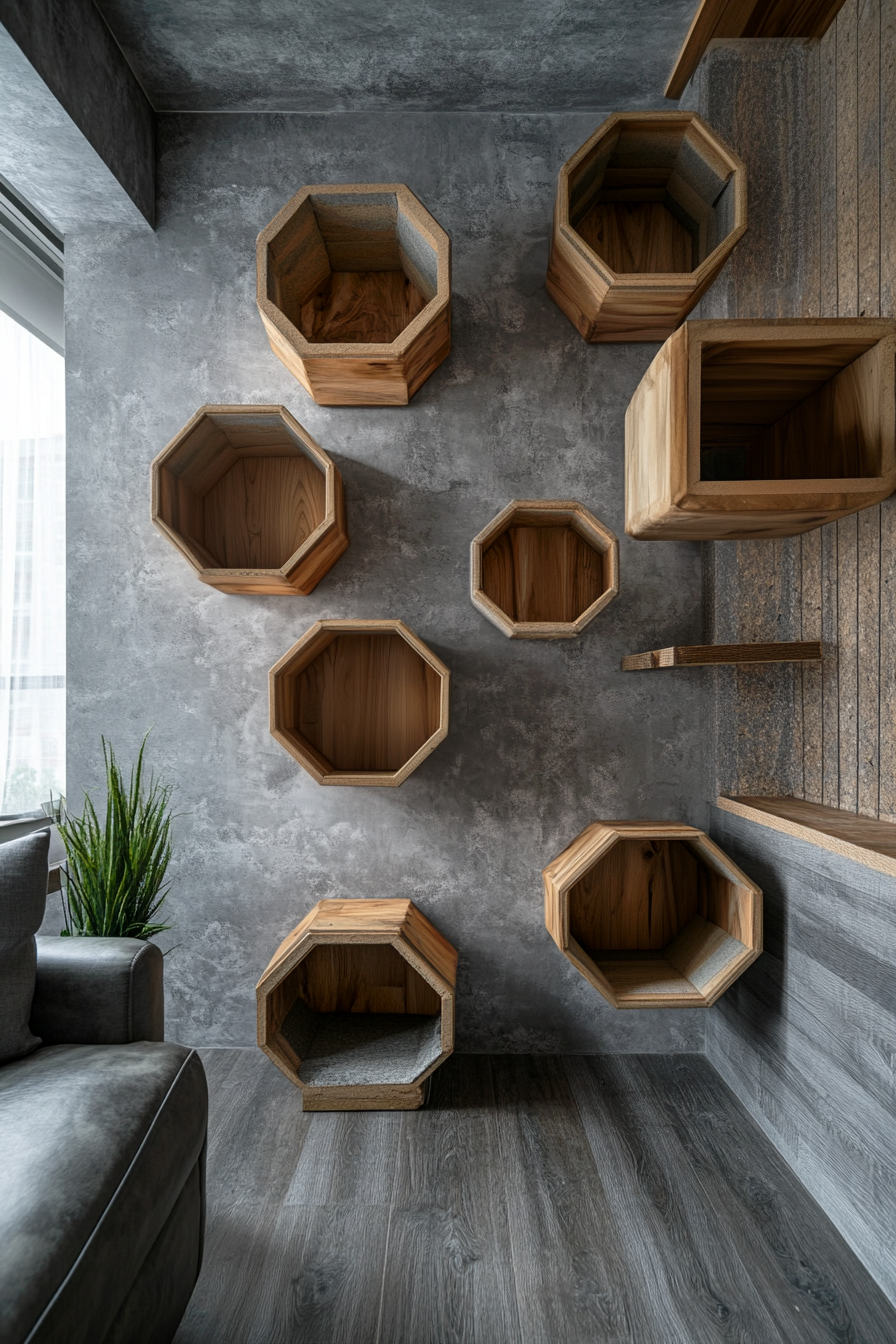 Modular hexagonal shelves arranged into a playful pattern on a neutral wall.