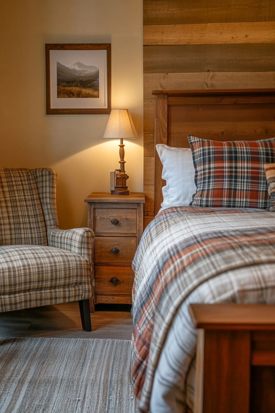 A farmhouse-inspired guest room with a wooden bed, plaid bedding, and rustic accents.