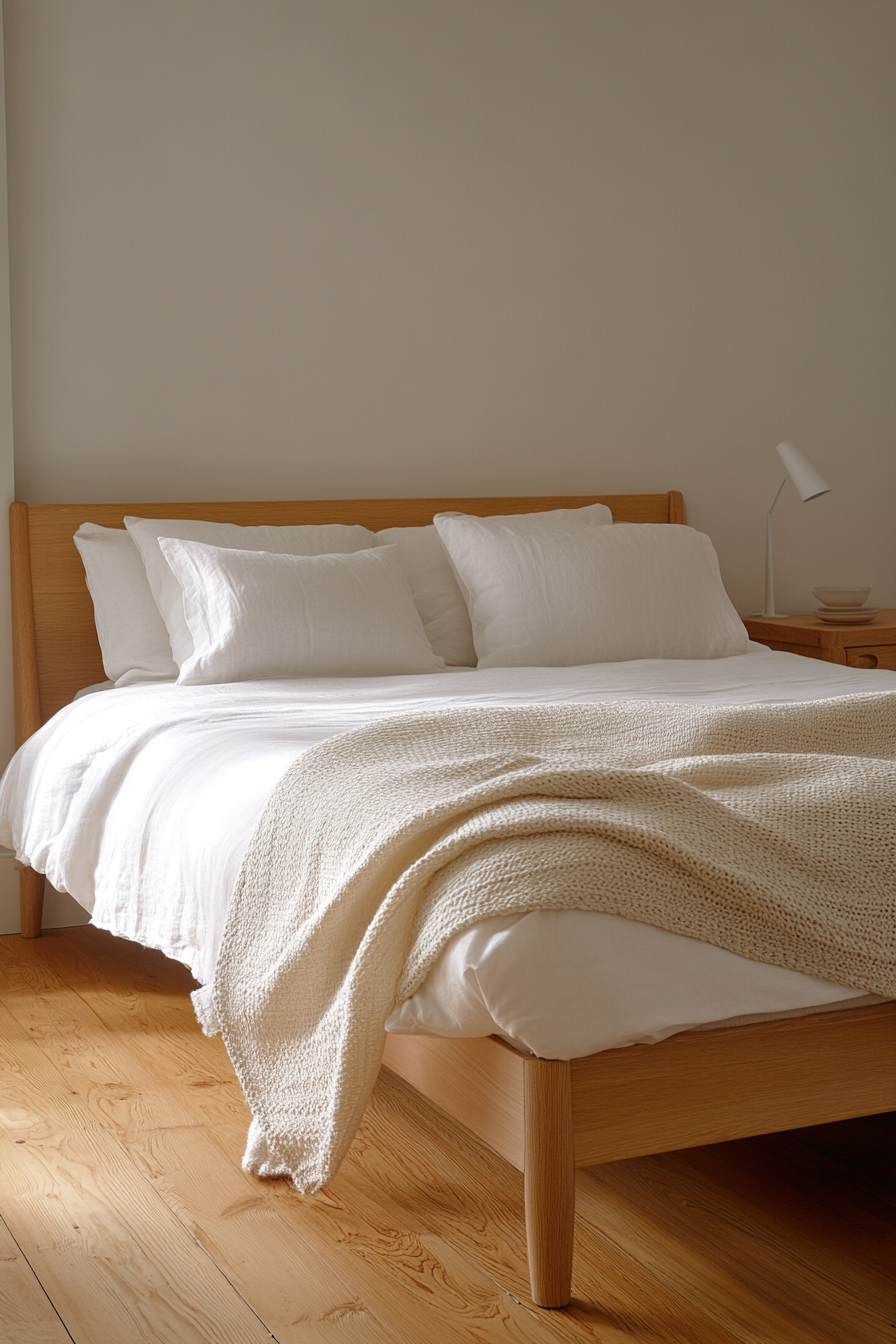 A bedroom with a low-profile wooden bed, white linens, and a woven blanket.