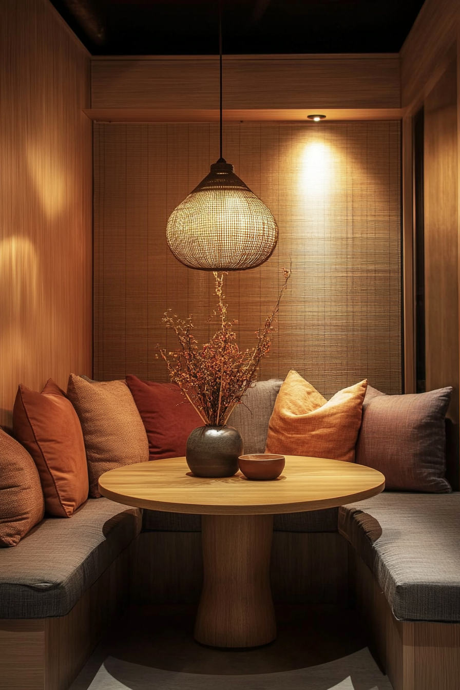 A corner nook with a cushioned L-shaped bench, warm-colored pillows, and round table.