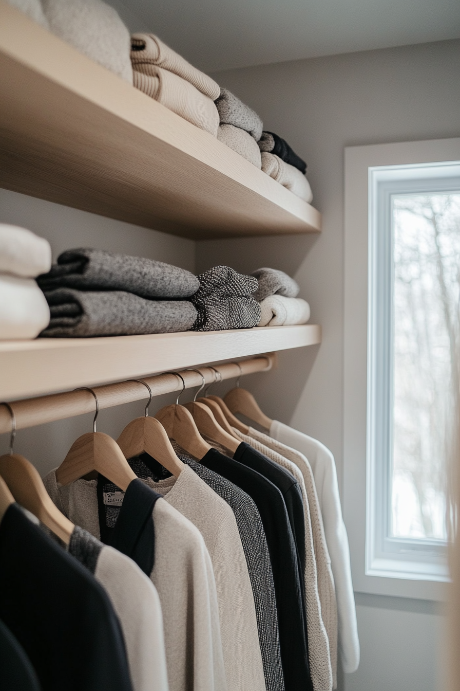 A Scandinavian-inspired closet with light wood shelving, open racks, and neutral tones