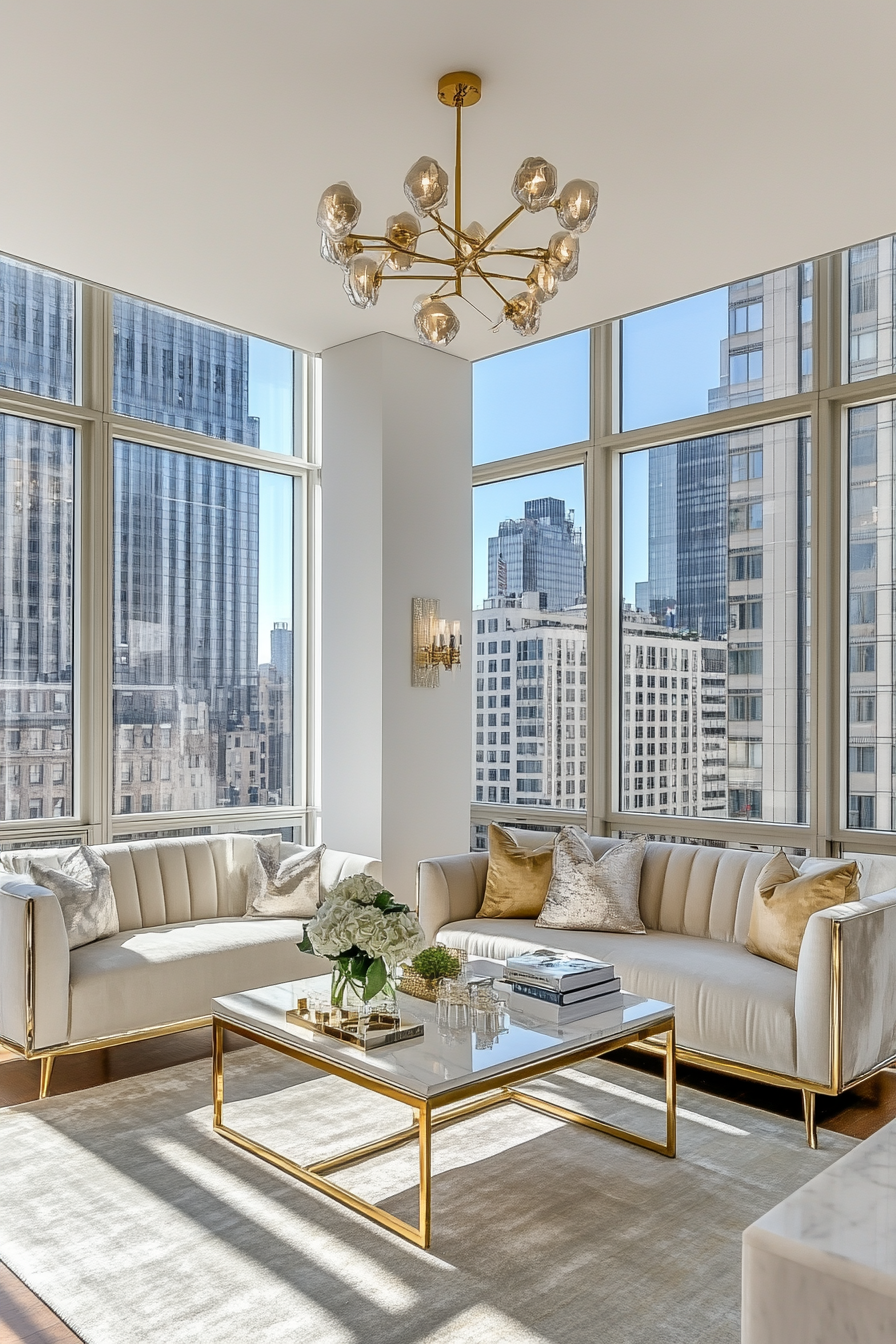 A mid-century living room with a velvet sofa, gold accents, and floor-to-ceiling windows.