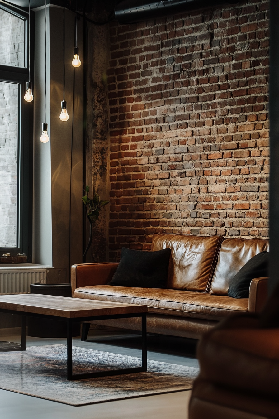 A mid-century living room with a leather sofa, wooden coffee table, and exposed brick wall.