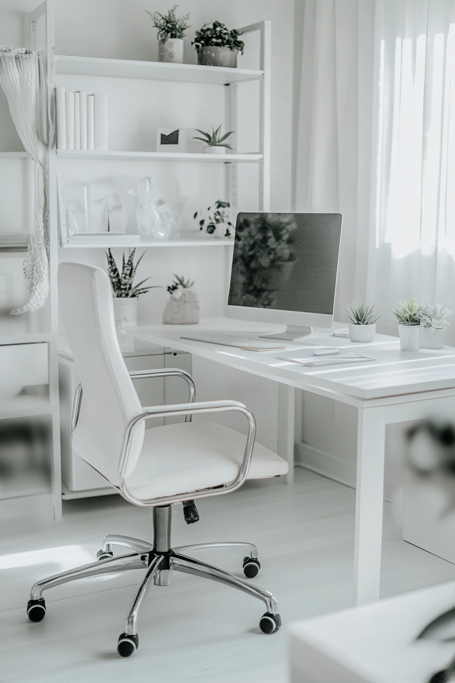 An all-white office with a sleek desk, ergonomic chair, and frosted plants.