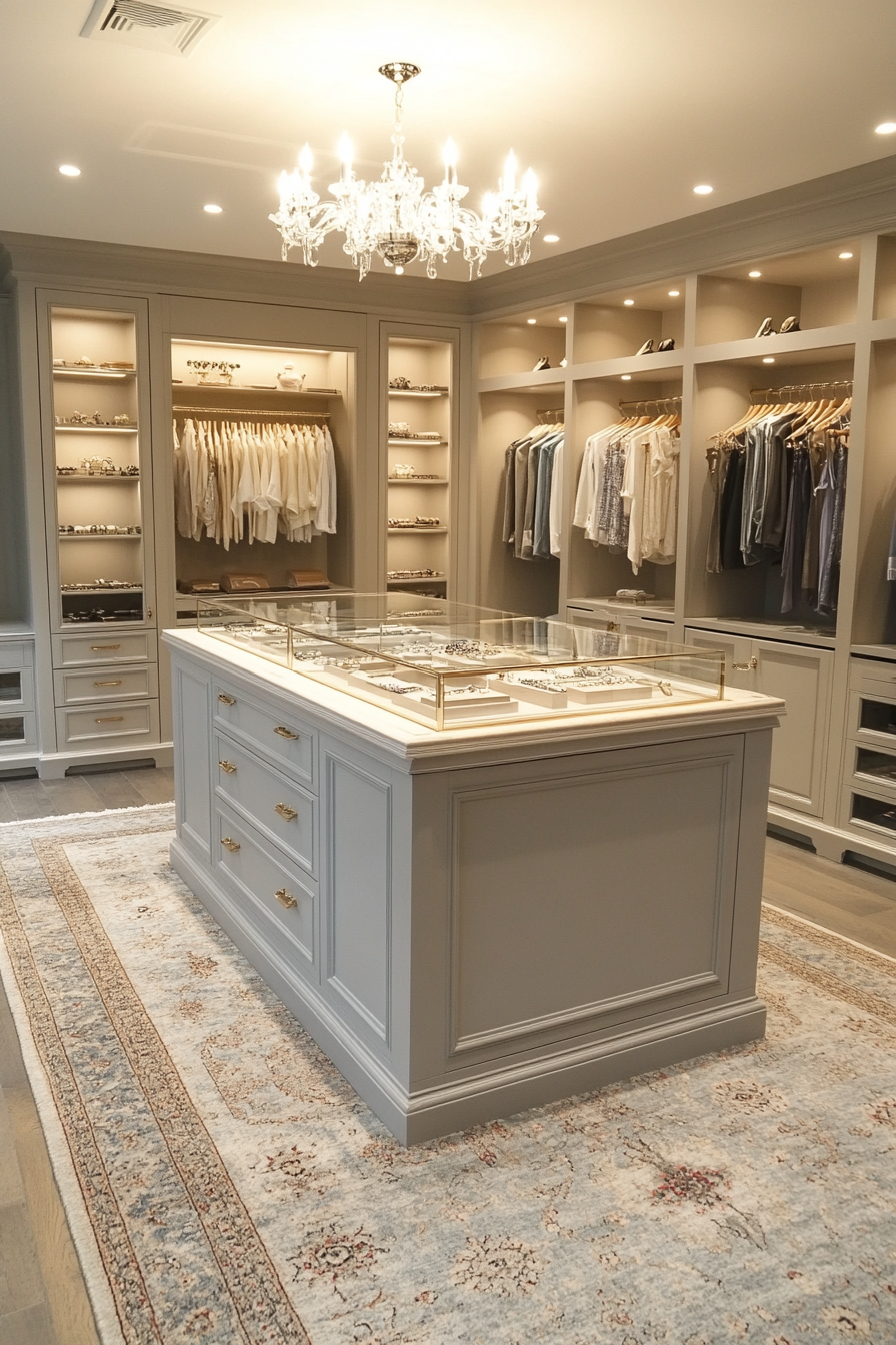 A boutique-style walk-in closet with a central island, display cases, and soft carpeting.