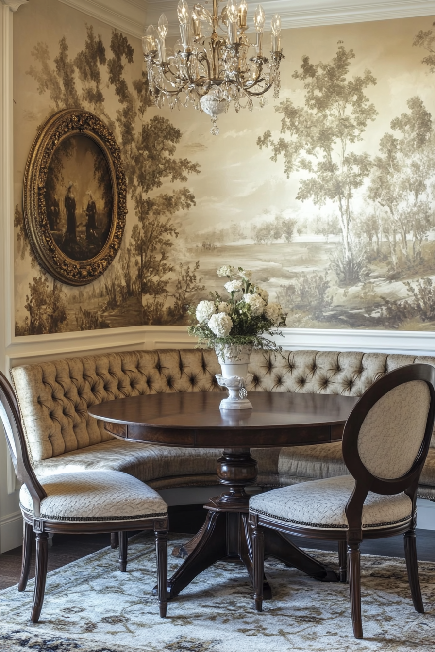 A dark wood table, cushioned chairs, and a decorative chandelier.