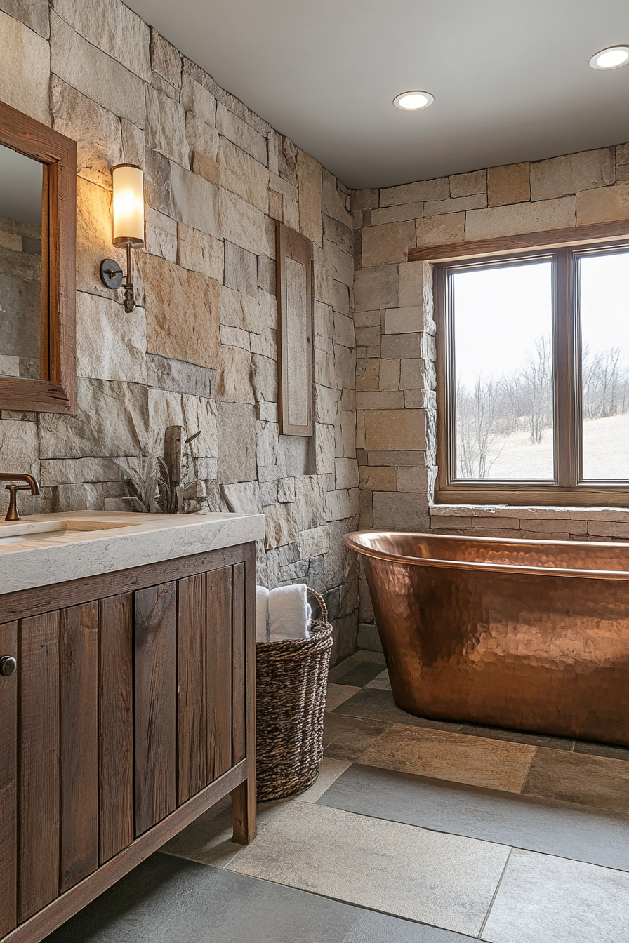 A rustic spa bathroom with stone walls and a copper tub.