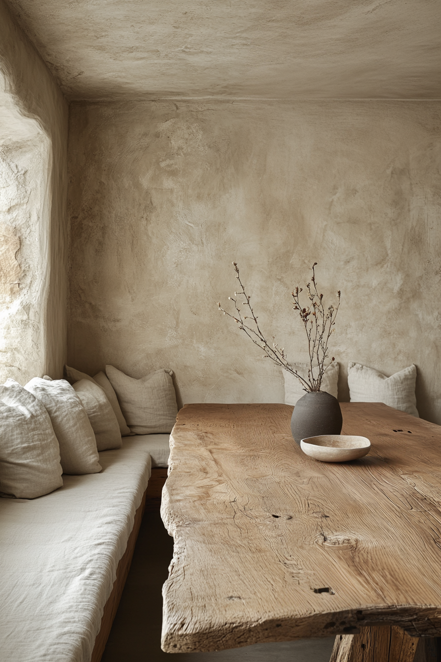 A dining room with a reclaimed wood table, bench seating, and linen cushions.