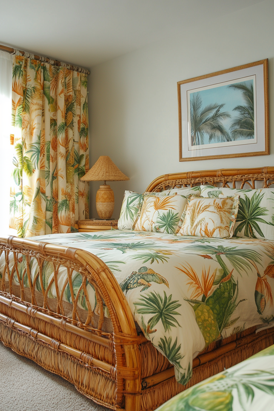 A tropical-themed guest room with bamboo furniture, palm-print bedding, and wicker accents.