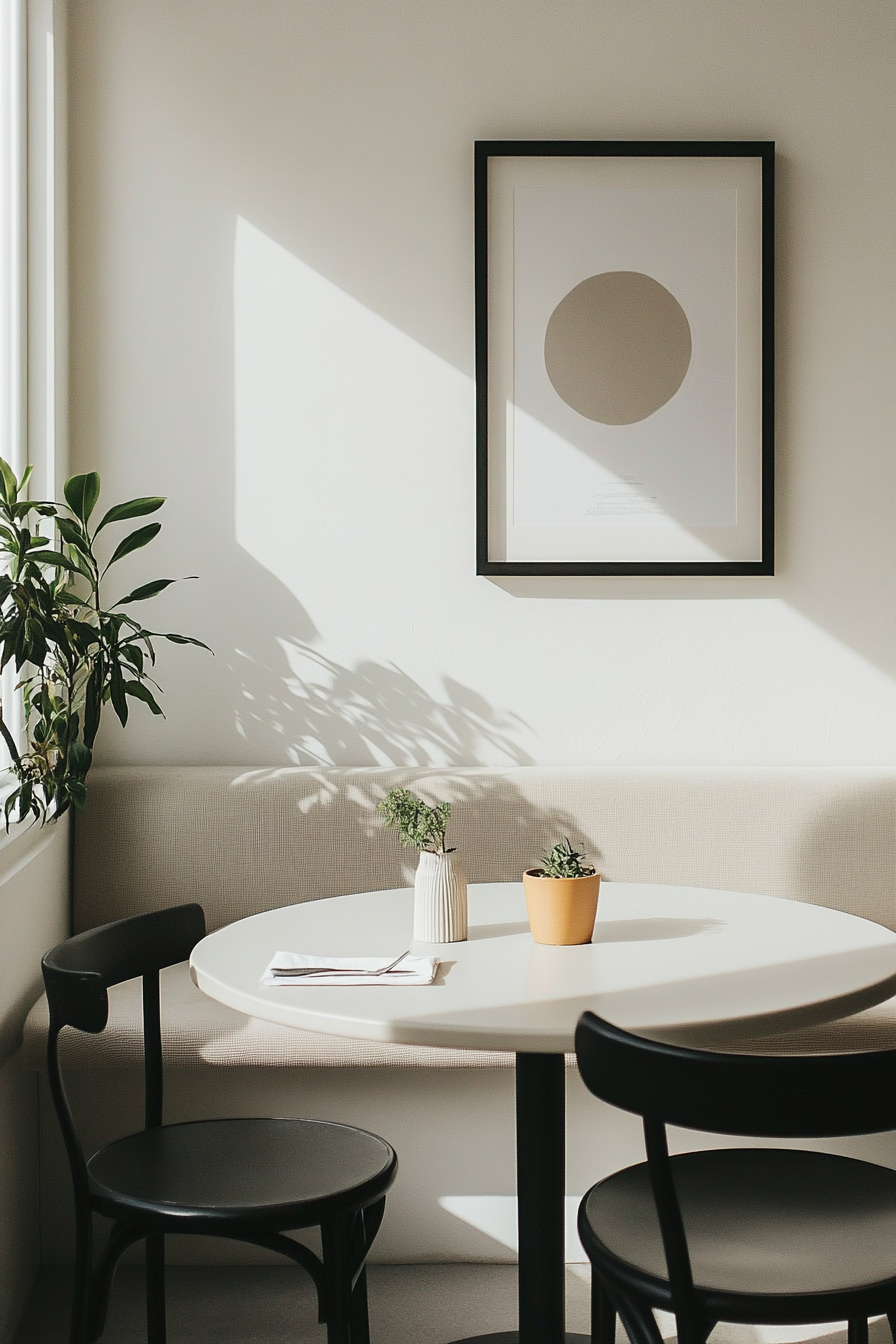 A minimalist nook with a white table, black chairs, and a neutral bench.