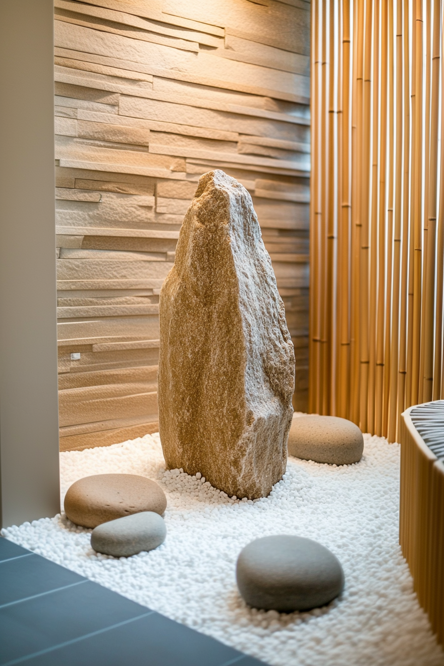 A hallway alcove with an artful stone arrangement, soft lighting, and bamboo accents.