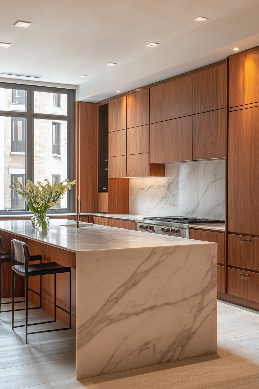 A photograph of an open-concept Italian kitchen with a central marble island. Light wooden floors and simple decor create an inviting and spacious atmosphere.