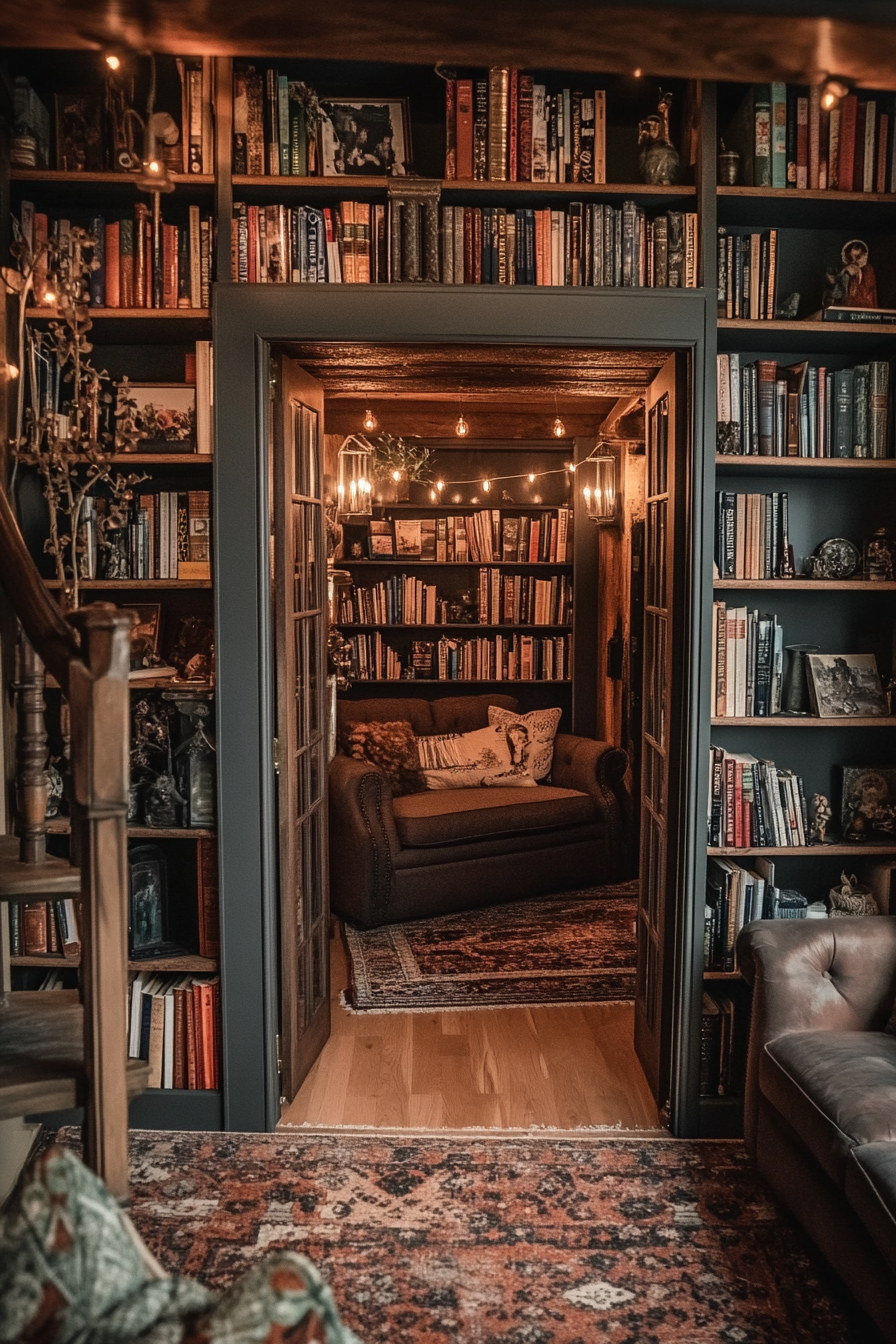 A living room bookshelf that swings open to reveal a hidden room.