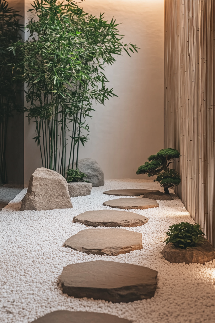 A serene indoor room with a stone pathway, white gravel, and bonsai trees.