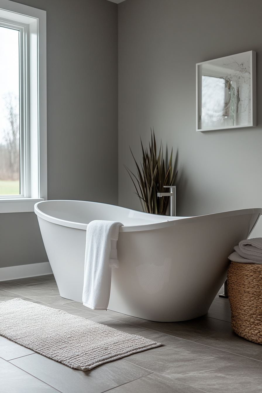 A modern spa bathroom with a white freestanding tub and soft gray walls.