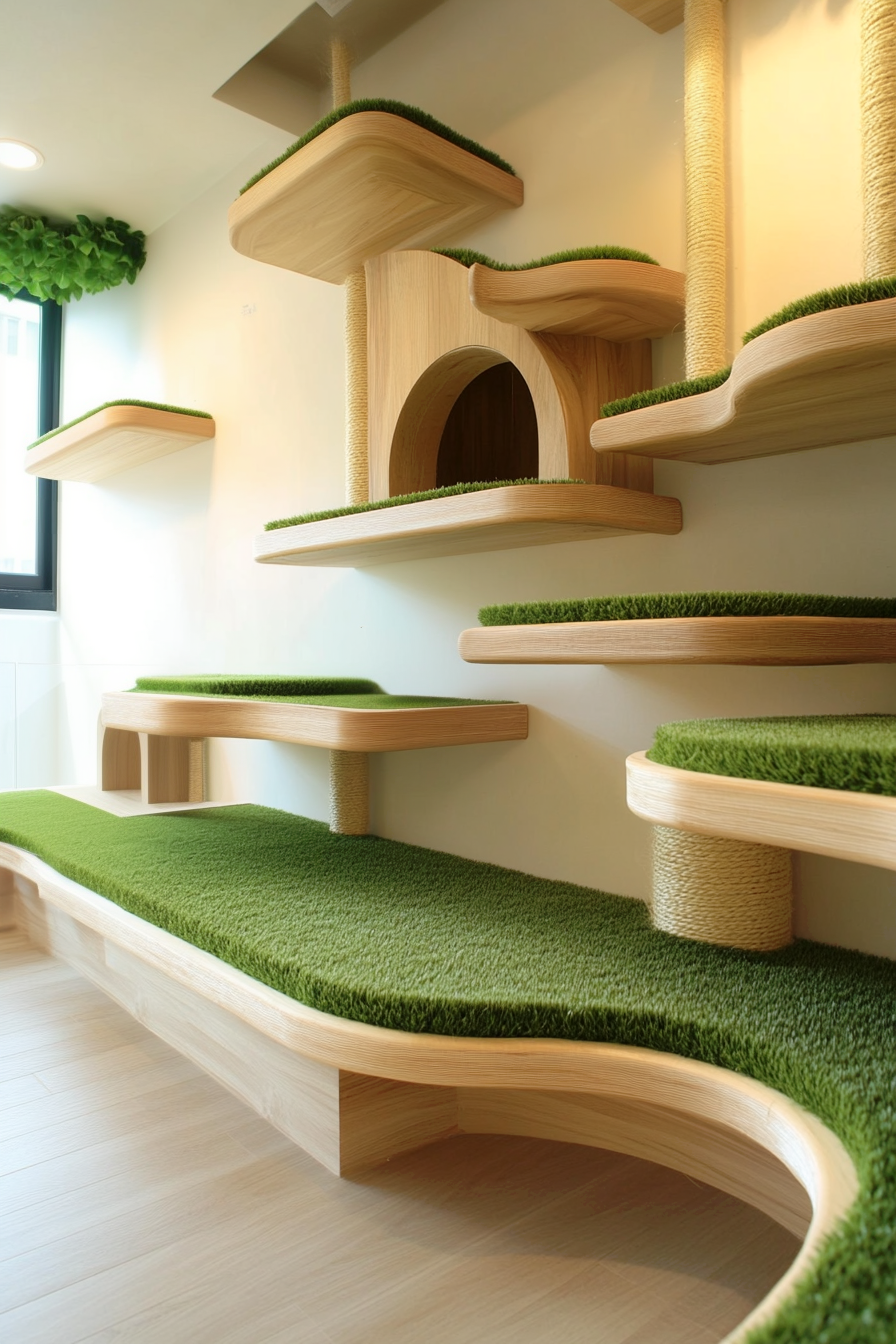 Shelves featuring faux grass for a natural climbing experience.
