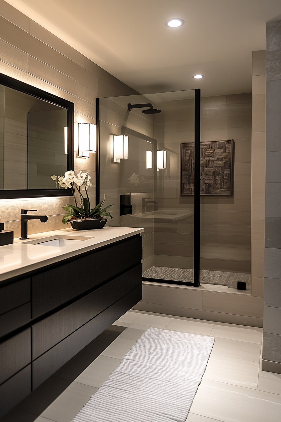 A sleek modern spa bathroom with black fixtures and a floating vanity.