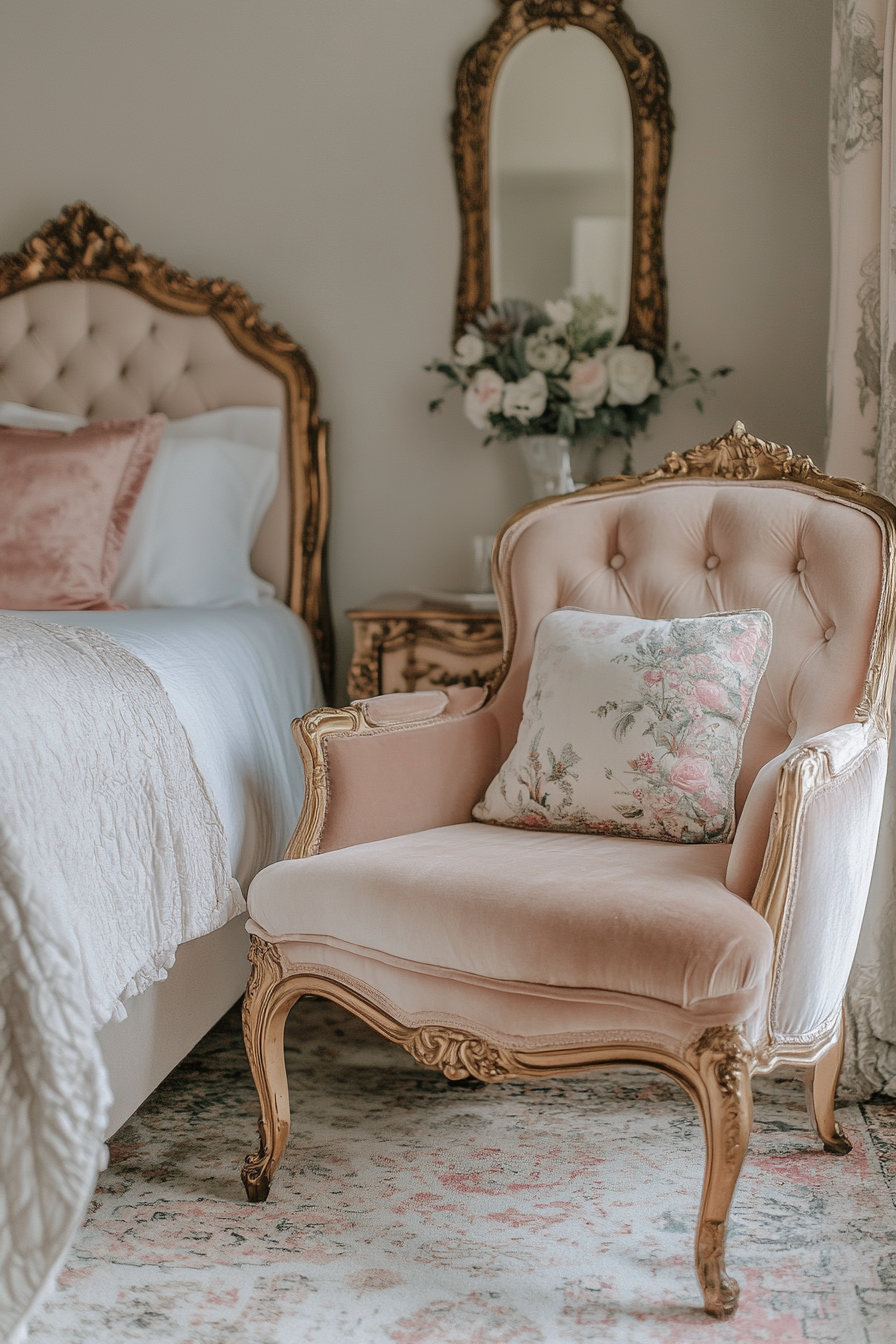 A vintage-inspired guest room with an antique bed, velvet cushions, and a crystal chandelier.