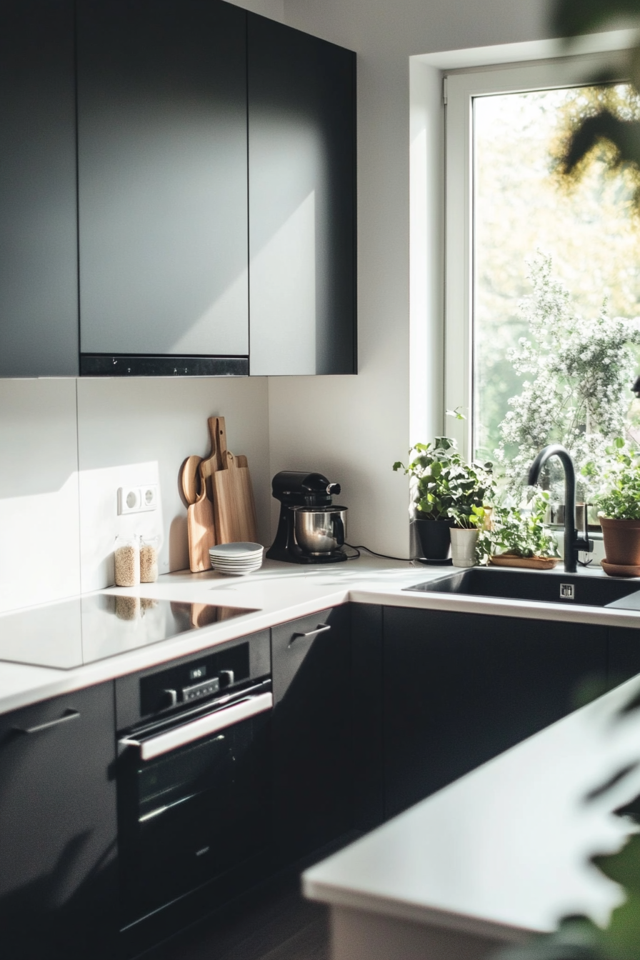 A photograph of a minimalist German kitchen with matte black cabinets and sleek white countertops. Built-in appliances keep the design streamlined, while large windows provide natural light.