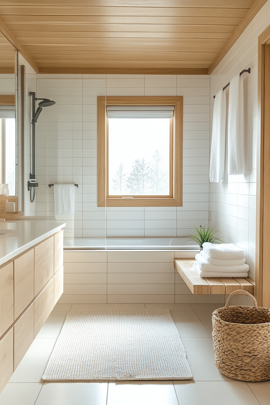 A Scandinavian-style spa bathroom with light wood accents and white tiles.