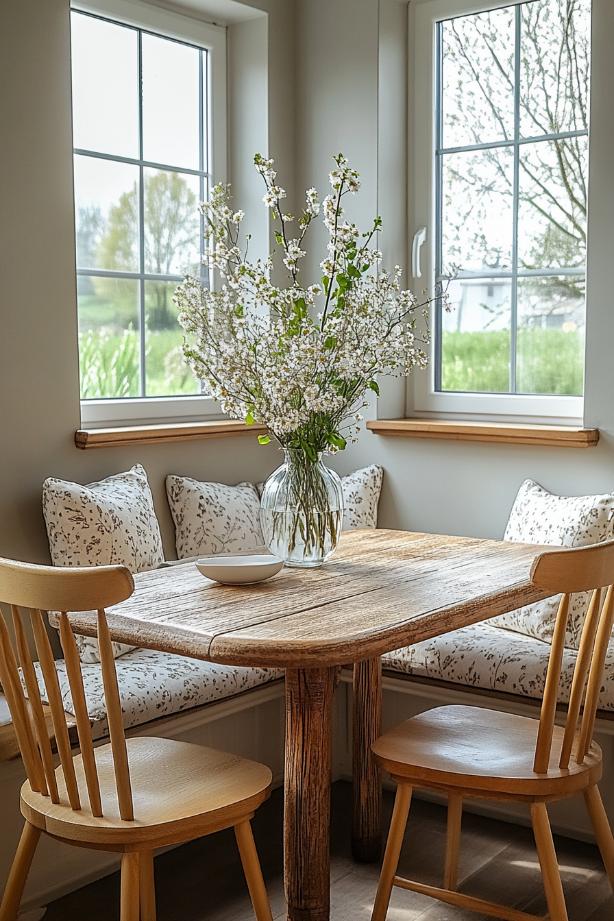 A rustic breakfast nook with a wooden bench, white table, and fresh flowers.