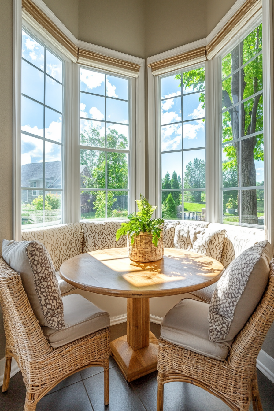 A breakfast nook by a large window with a built-in bench, wooden table, and wicker chairs.