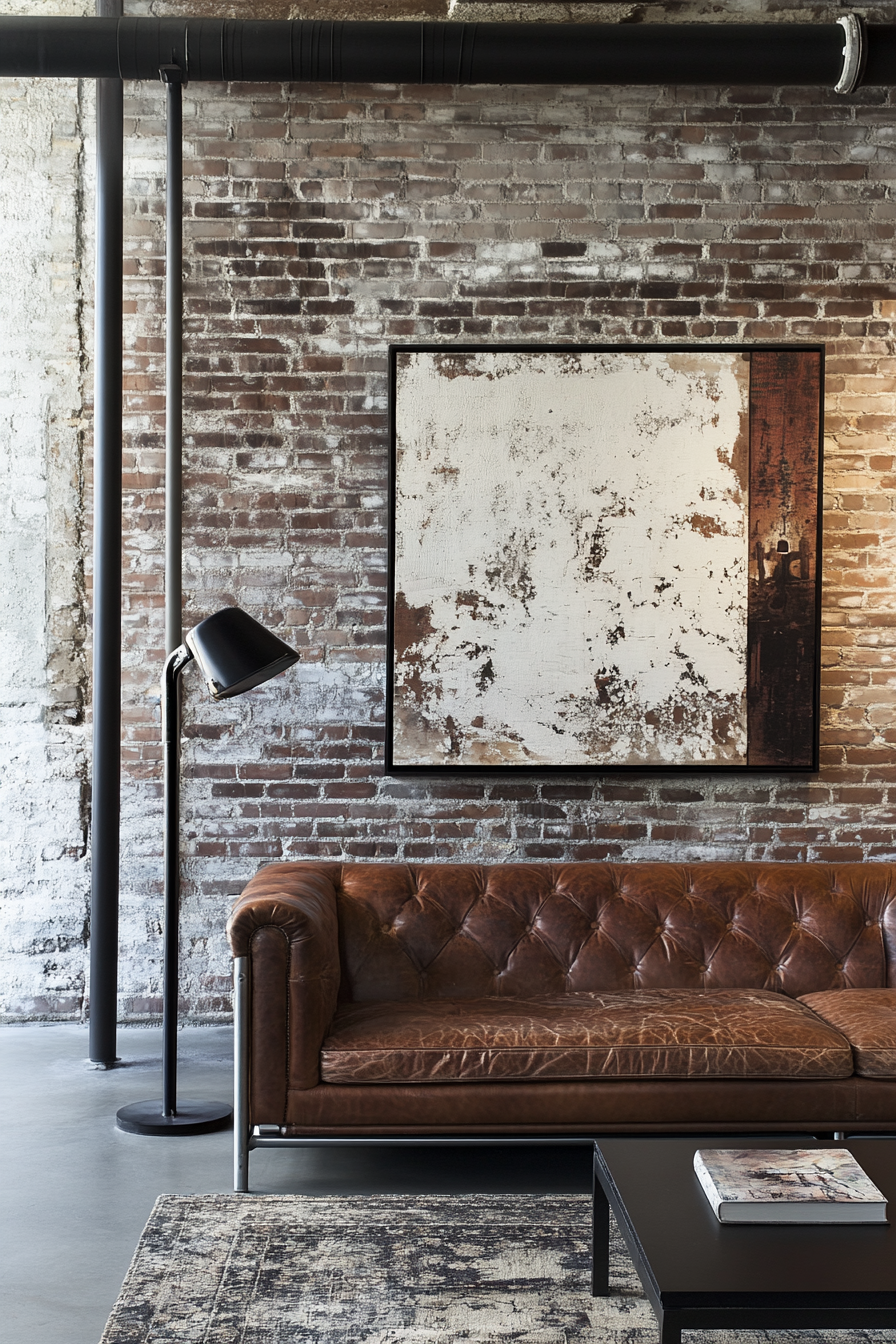 A loft living room with an exposed brick wall, metal-framed furniture, and modern art.