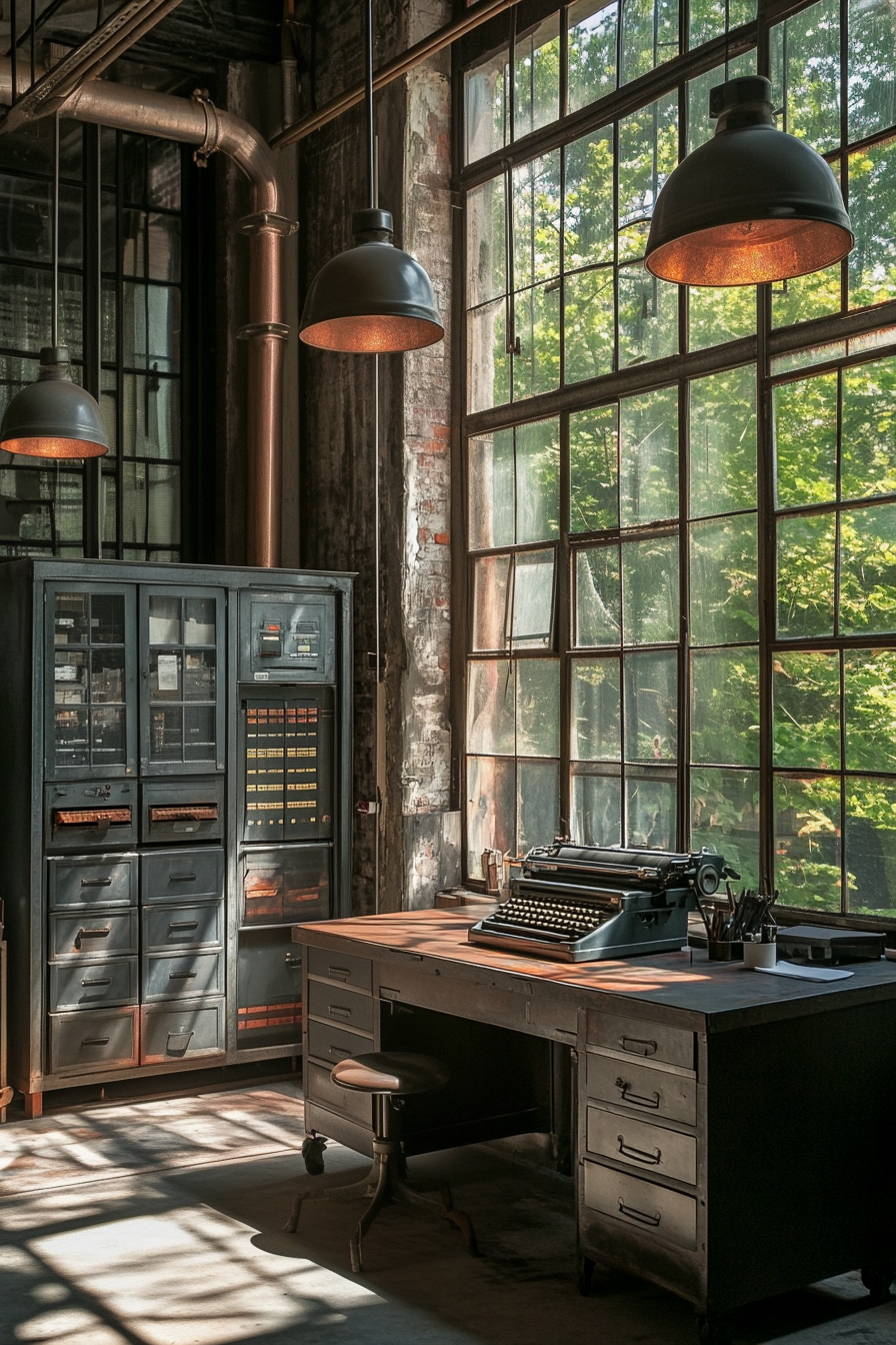 A workspace with a metal desk, old filing cabinets, and factory-style windows.