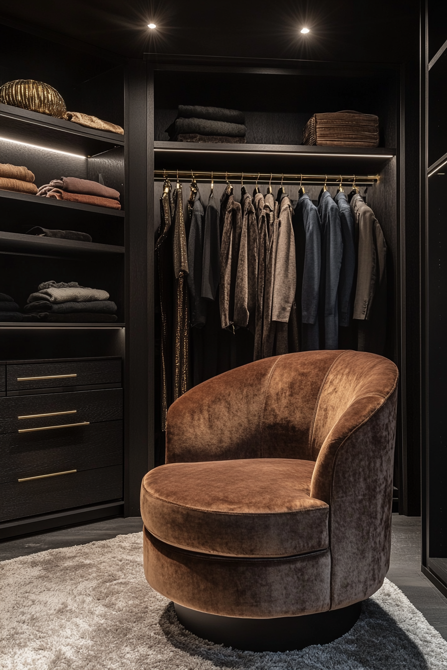A bold closet with black shelving, gold accents, and a velvet chair.