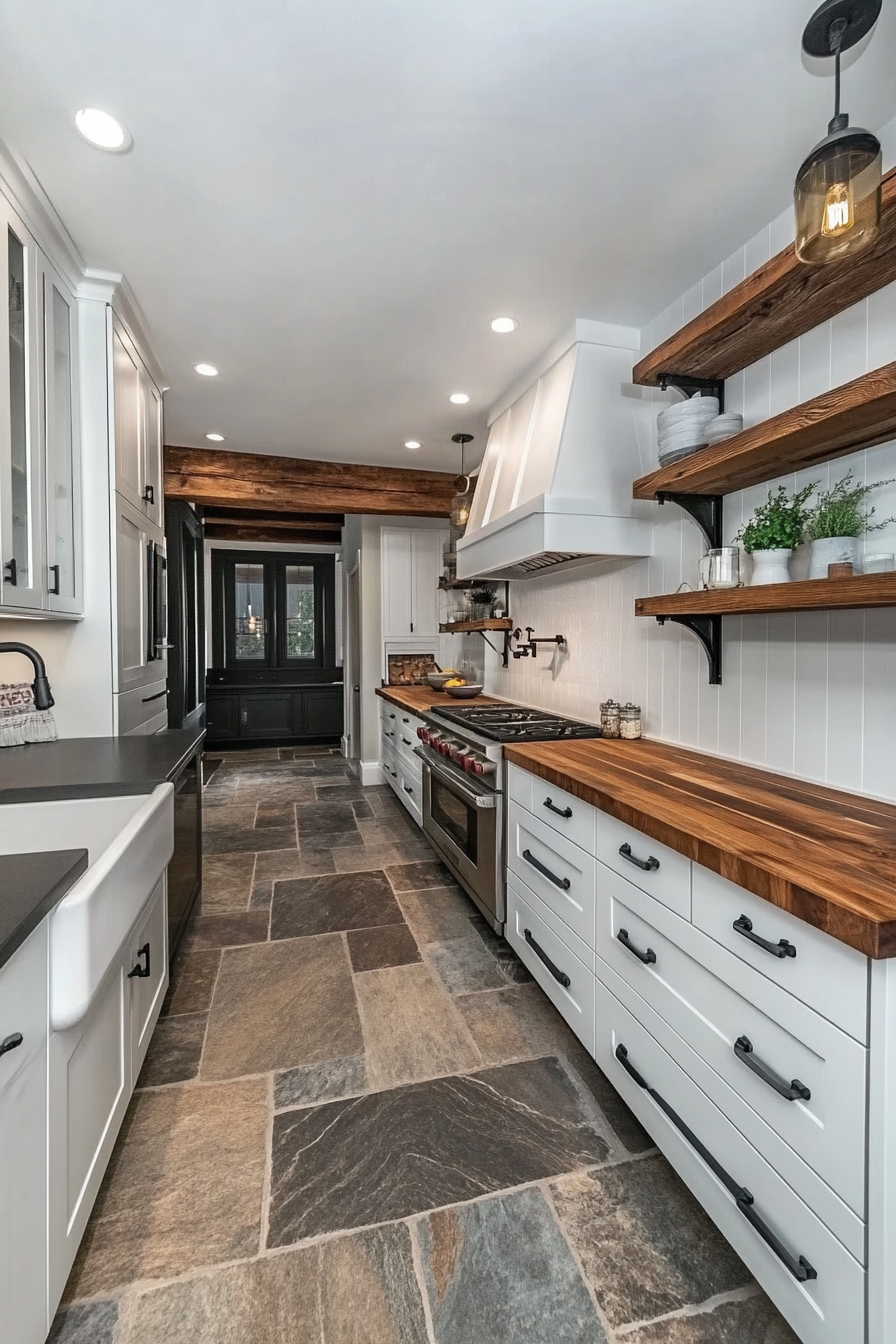 A kitchen with sleek white cabinets and reclaimed wood shelving.