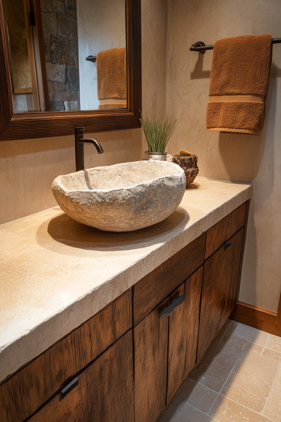 A bathroom with a stone vessel sink and rustic wooden vanity.