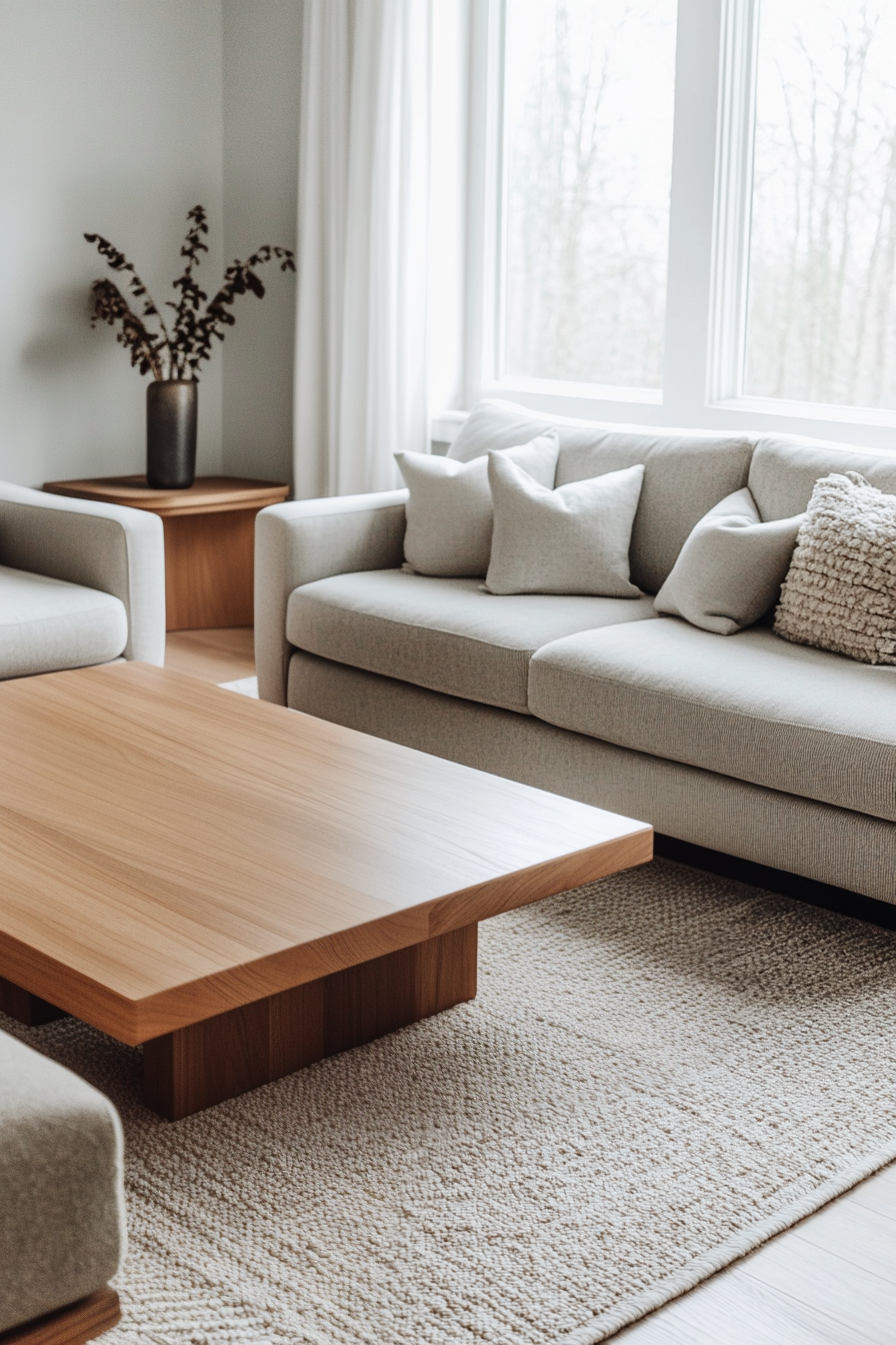 A neutral-toned living room with a gray sofa, wooden accents, and vintage armchairs.